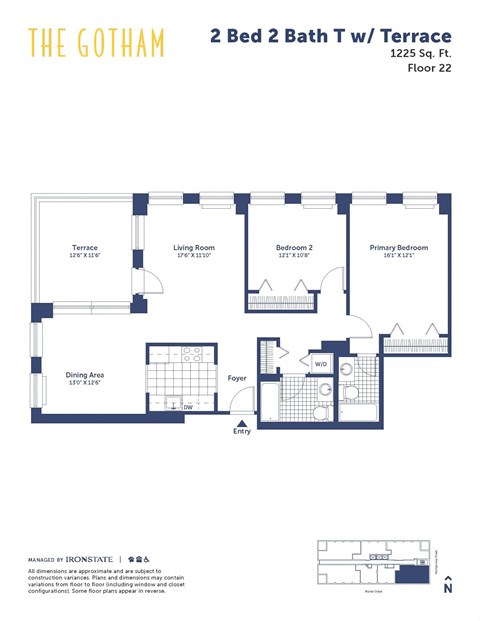Floor plan for 2 beds, 2 baths, 1225 sqft
